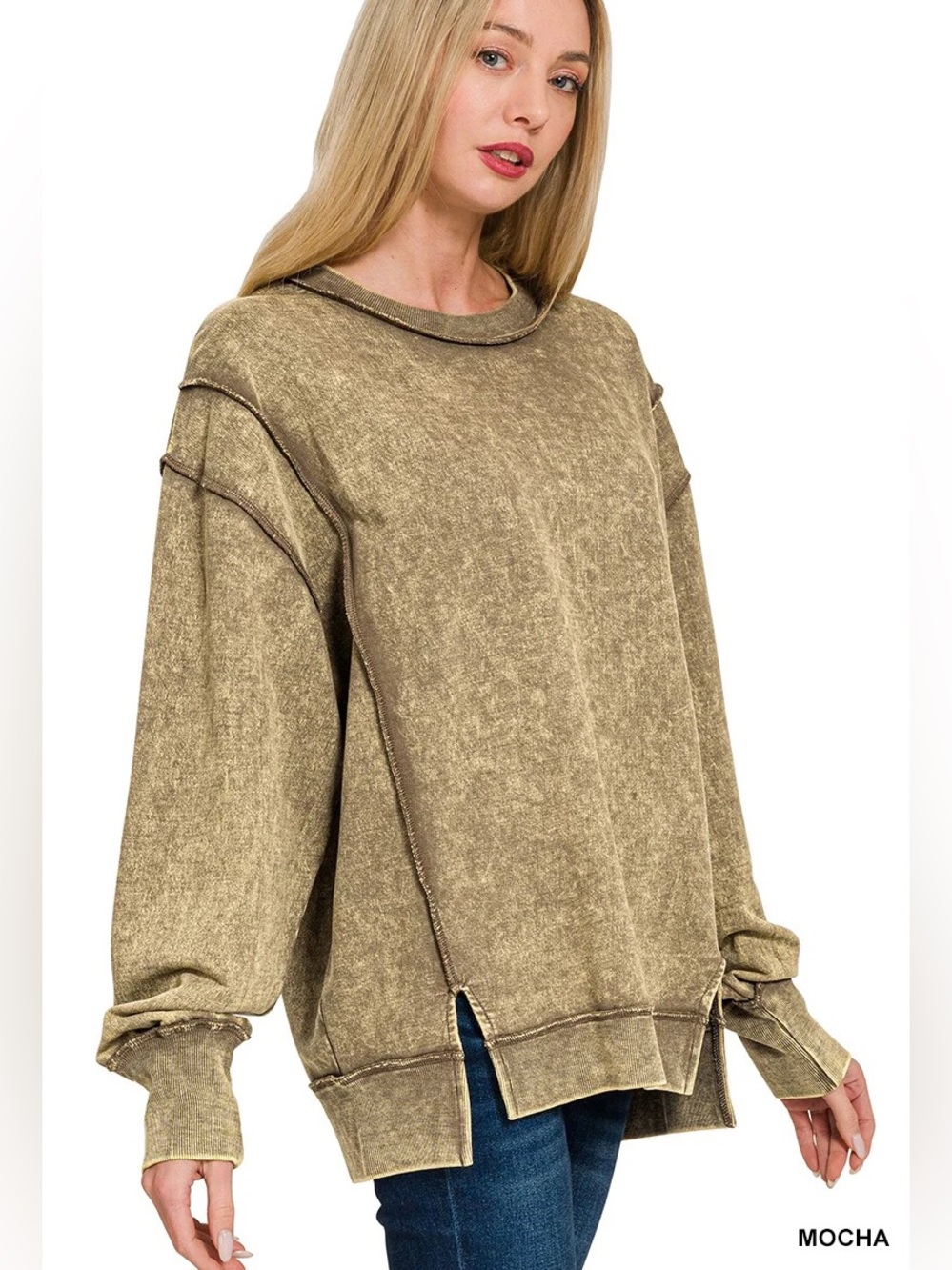 NWOT Zenana Acid Wash Cotton French Terry Exposed Seams Sweatshirt Size S/M